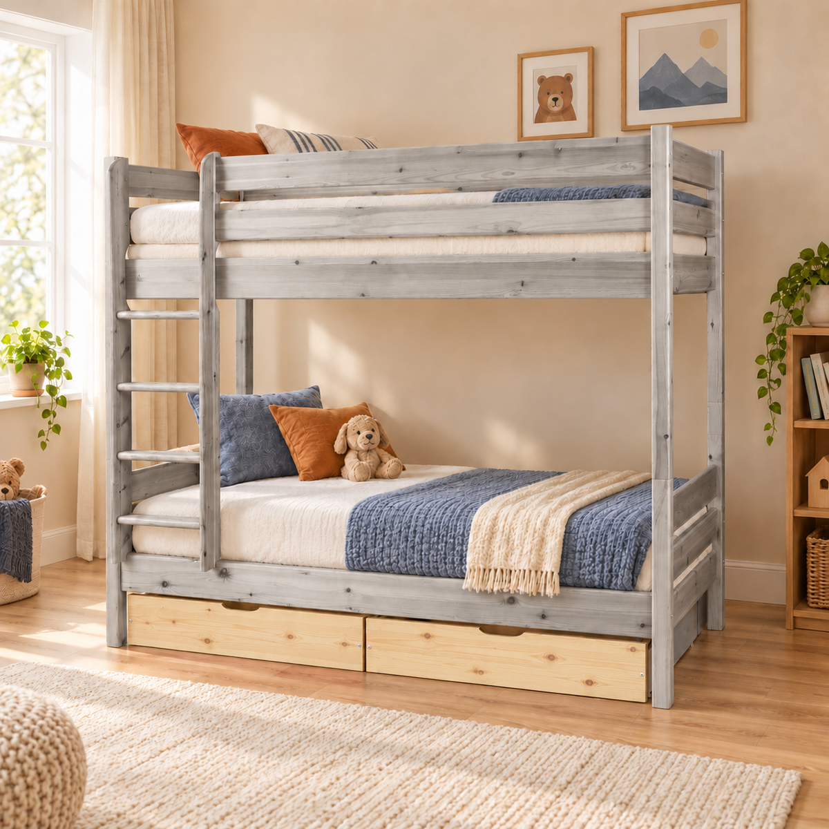 Bettkasten Geschwisterbett 90x200 cm | Leo Hochbett mit 2 Etagen für Kinder | Zwillingsbett 2x90x200 cm