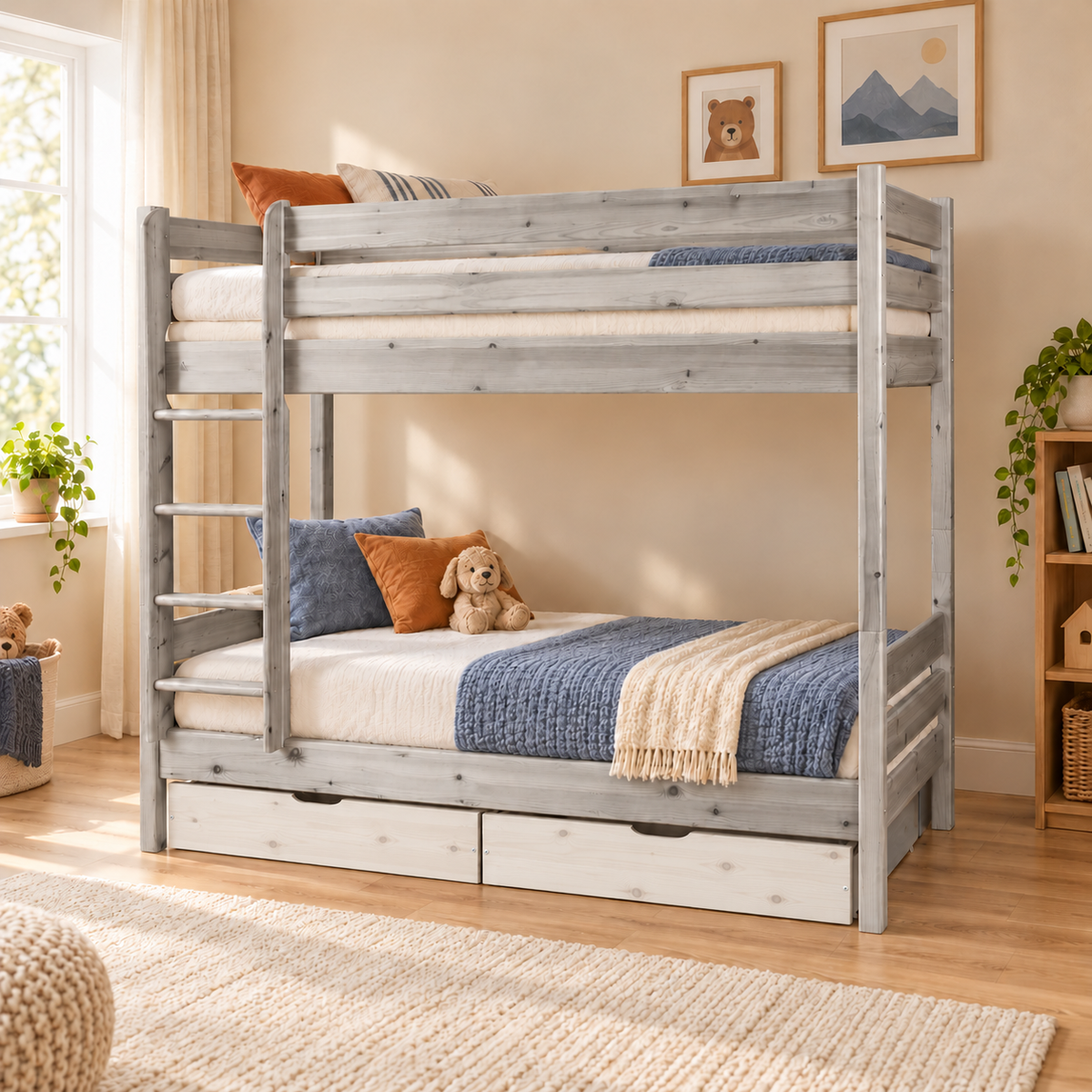 Bettkasten Geschwisterbett 90x200 cm | Leo Hochbett mit 2 Etagen für Kinder | Zwillingsbett 2x90x200 cm