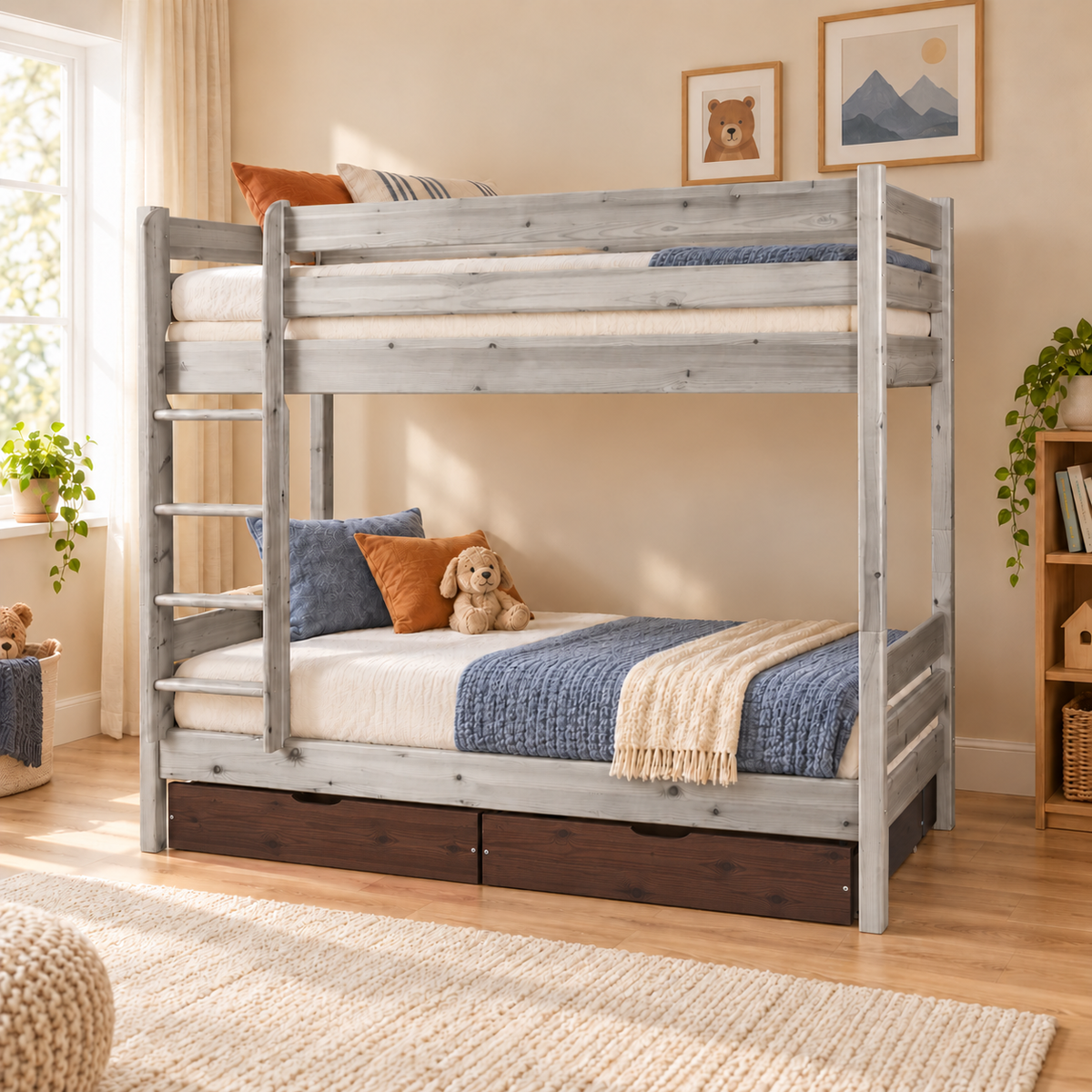 Bettkasten Geschwisterbett 90x200 cm | Leo Hochbett mit 2 Etagen für Kinder | Zwillingsbett 2x90x200 cm