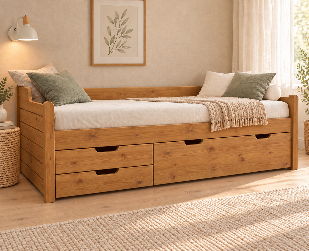 Einzelbett 90x200cm Bio-Kiefer Massivholz mit 3 Schubladen als Gästebett