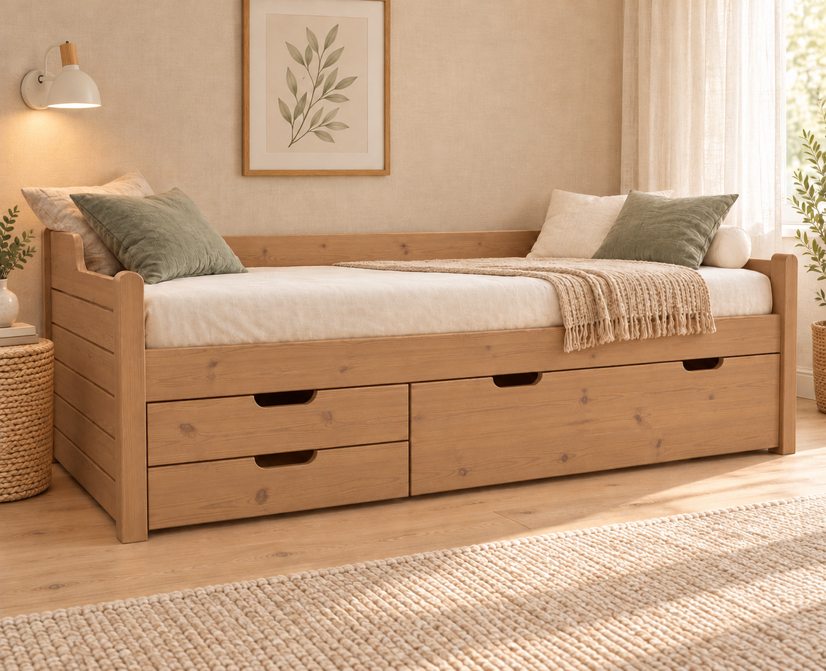 Einzelbett 90x200cm Bio-Kiefer Massivholz mit 3 Schubladen als Gästebett
