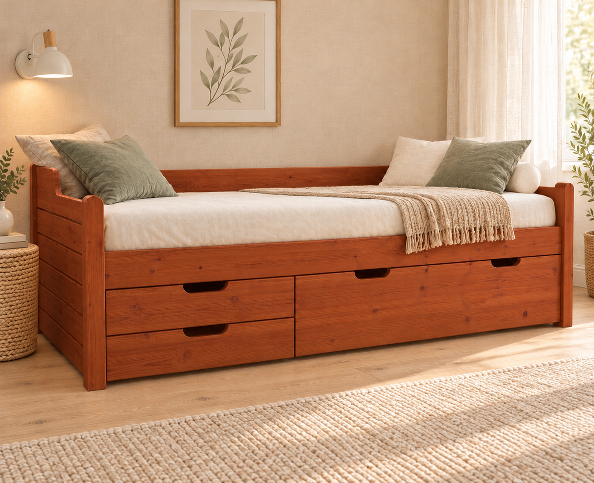 Einzelbett 90x200cm Bio-Kiefer Massivholz mit 3 Schubladen als Gästebett