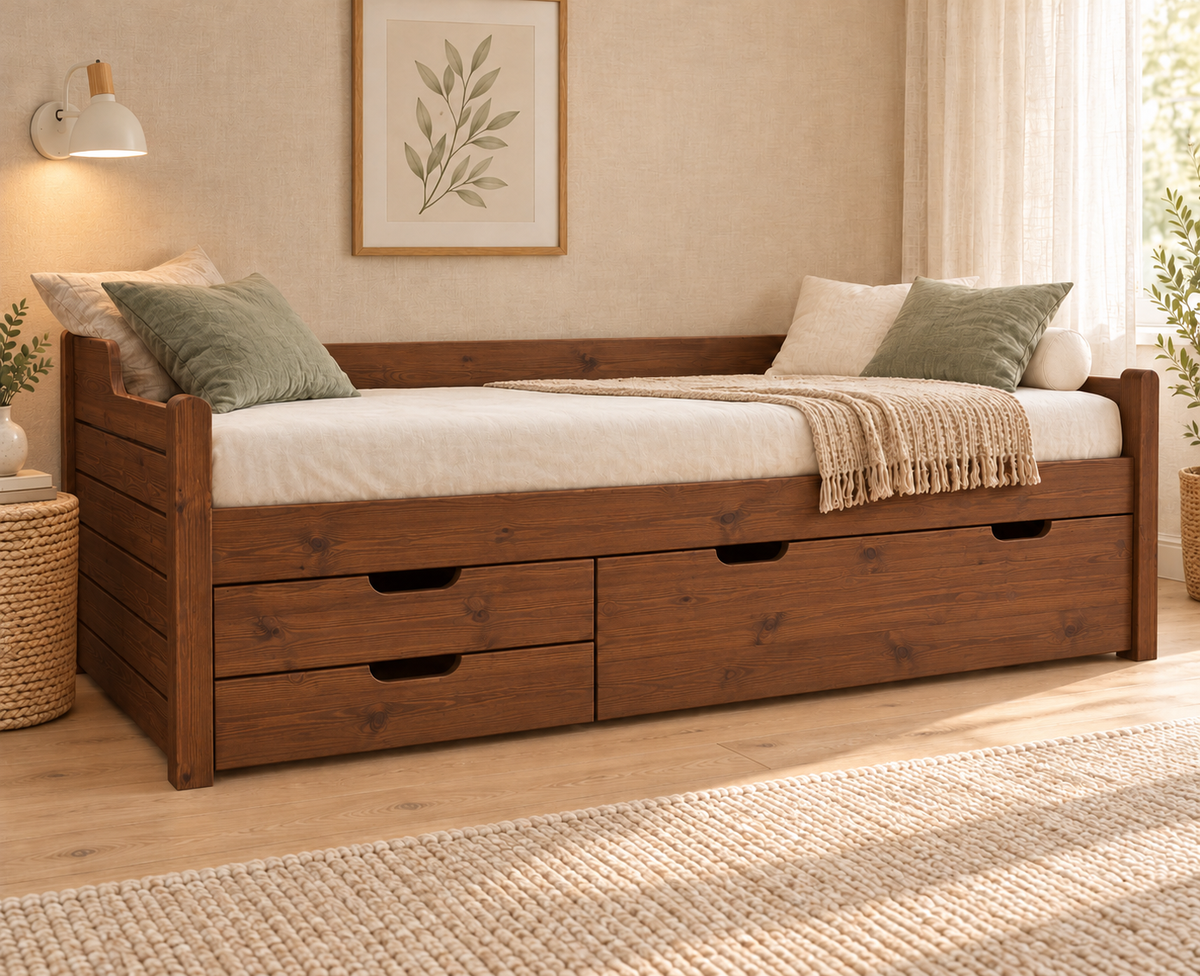 Einzelbett 90x200cm Bio-Kiefer Massivholz mit 3 Schubladen als Gästebett