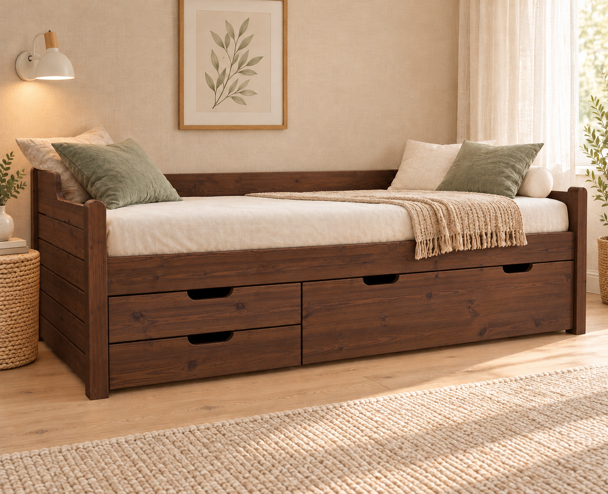 Einzelbett 90x200cm Bio-Kiefer Massivholz mit 3 Schubladen als Gästebett