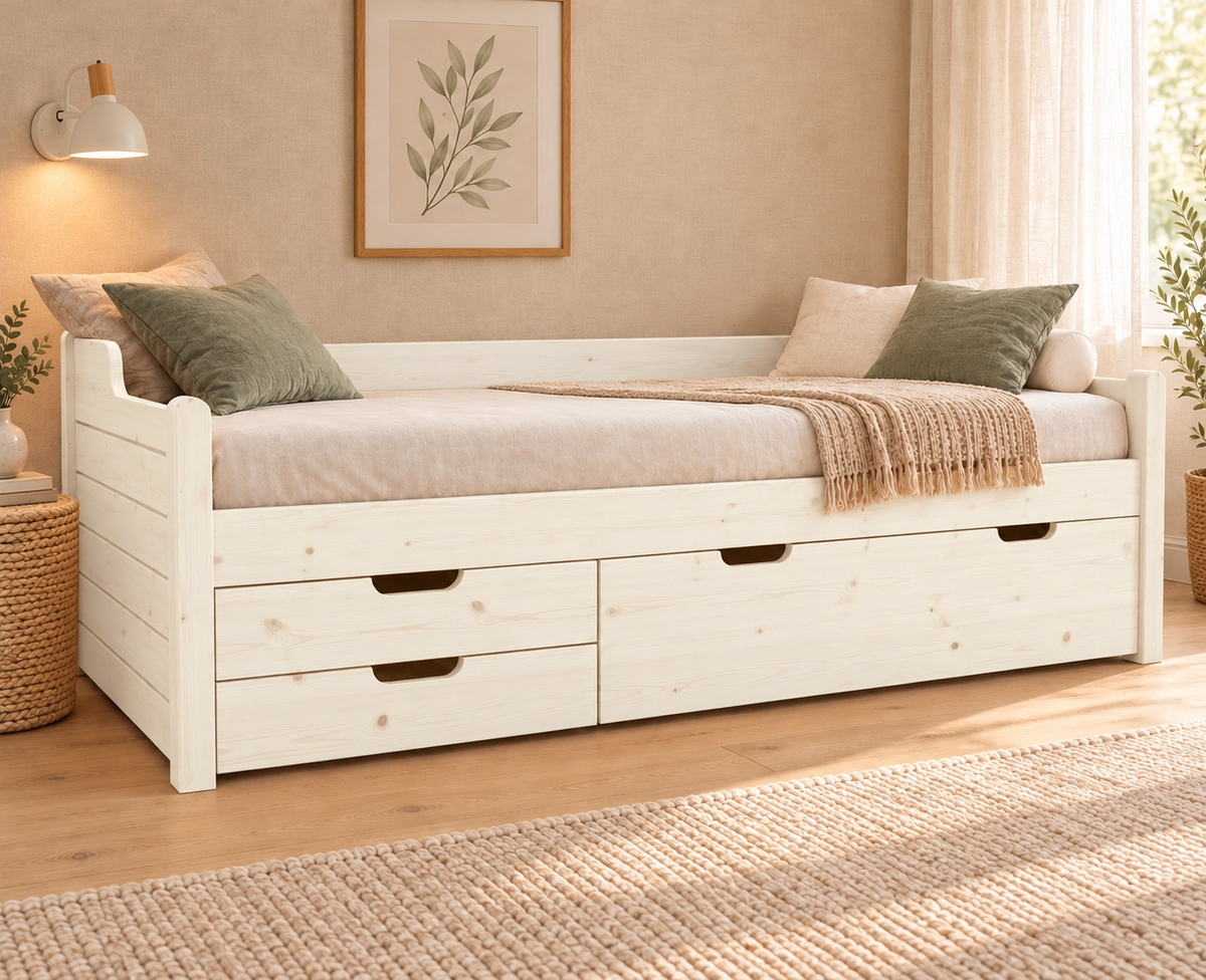 Einzelbett 90x200cm Bio-Kiefer Massivholz mit 3 Schubladen als Gästebett