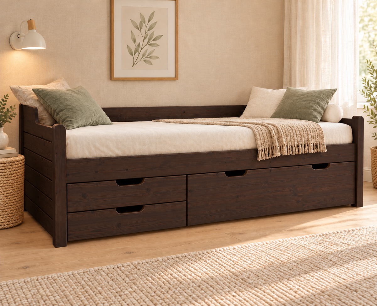Einzelbett 90x200cm Bio-Kiefer Massivholz mit 3 Schubladen als Gästebett