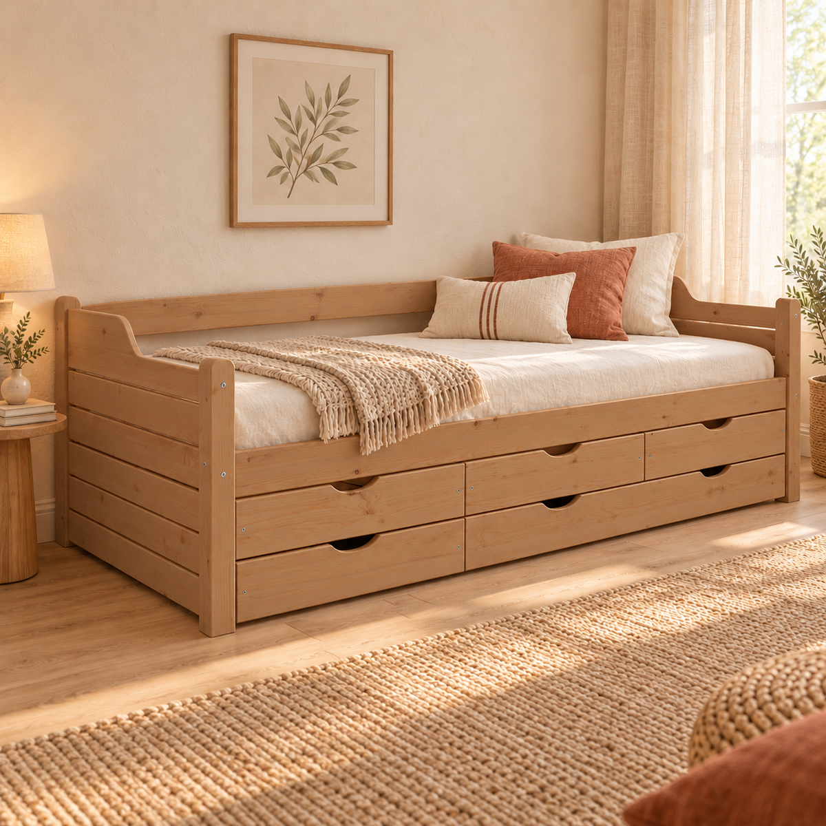 Jugendbett Massivholz 80x200cm mit 5-Schubladen - Gästebett Einzelbett aus 100% Bio-Kiefer
