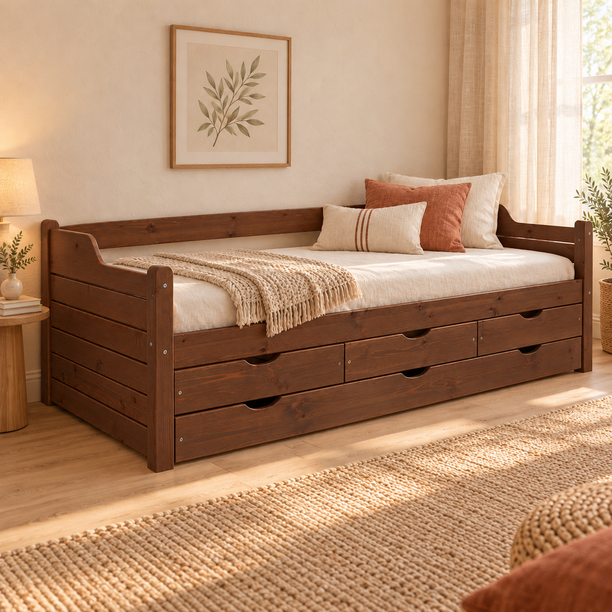 Jugendbett Massivholz 80x200cm mit 5-Schubladen - Gästebett Einzelbett aus 100% Bio-Kiefer