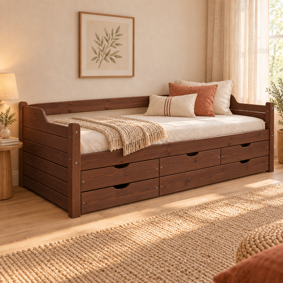 Jugendbett Massivholz 80x200cm mit 5-Schubladen - Gästebett Einzelbett aus 100% Bio-Kiefer