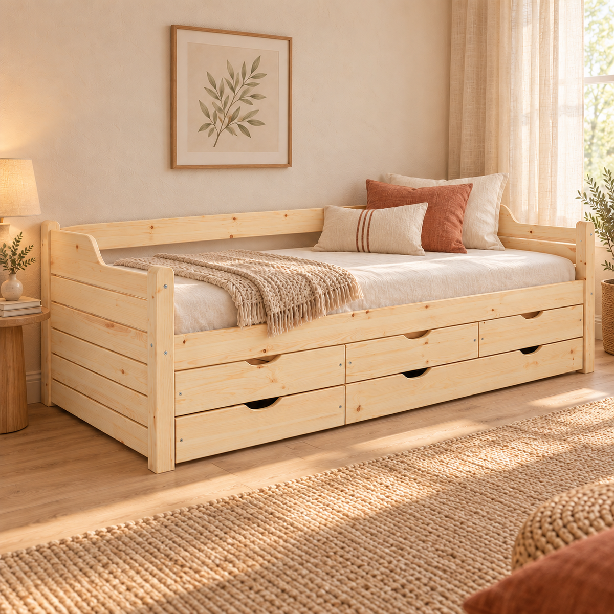 Jugendbett Massivholz 80x200cm mit 5-Schubladen - Gästebett Einzelbett aus 100% Bio-Kiefer