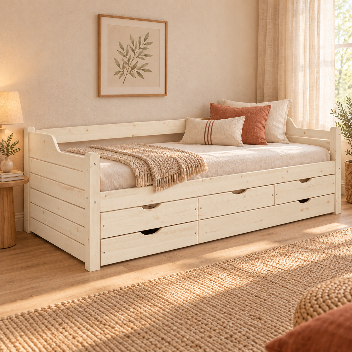 Jugendbett Massivholz 80x200cm mit 5-Schubladen - Gästebett Einzelbett aus 100% Bio-Kiefer