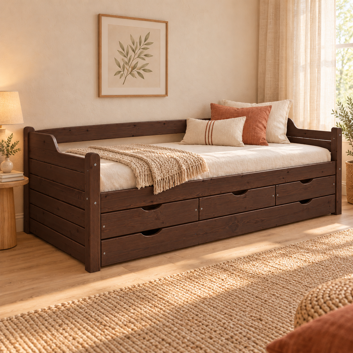 Jugendbett Massivholz 80x200cm mit 5-Schubladen - Gästebett Einzelbett aus 100% Bio-Kiefer