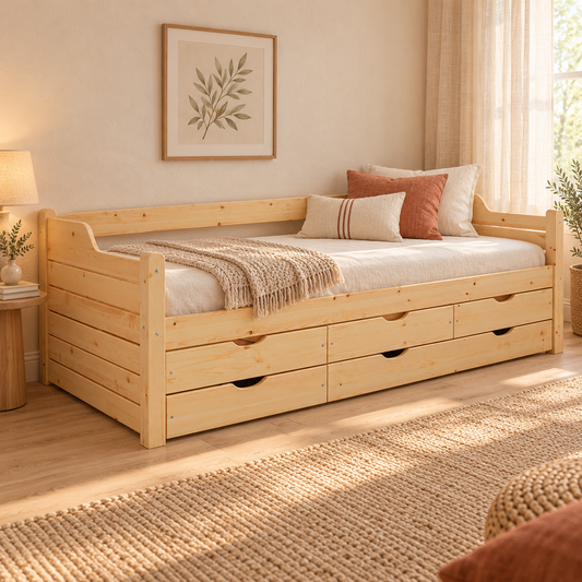 Jugendbett Massivholz 80x200cm mit 5-Schubladen - Gästebett Einzelbett aus 100% Bio-Kiefer