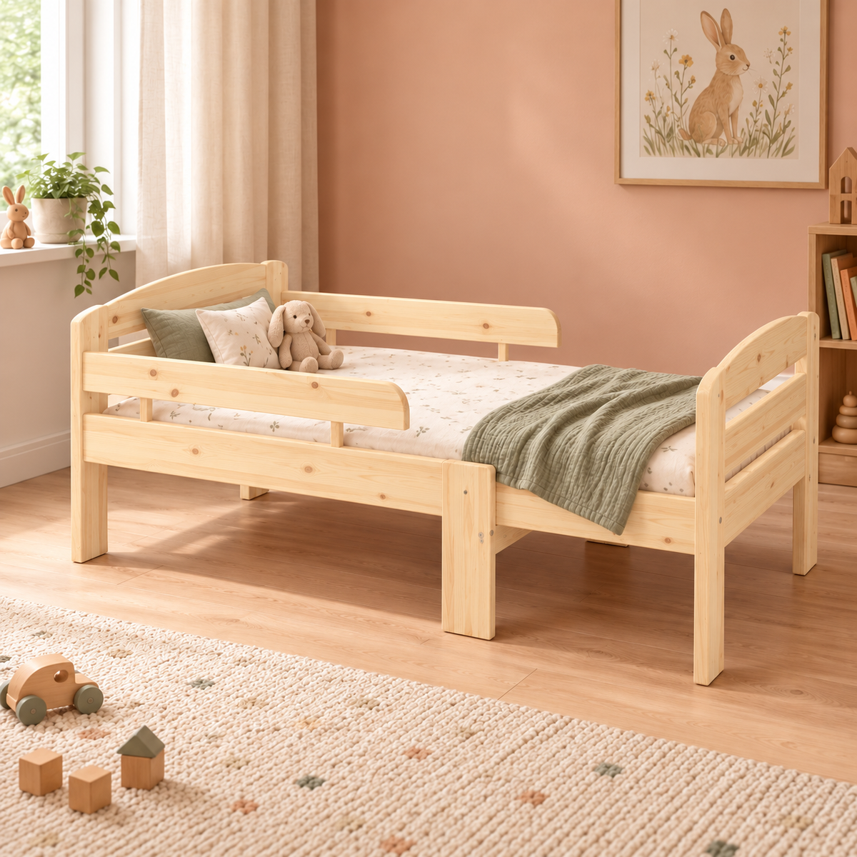 Leo mitwachsendes Babybett aus Massivholz 105-150-190cm | Kiefer | Bio-Bett mit Matratze