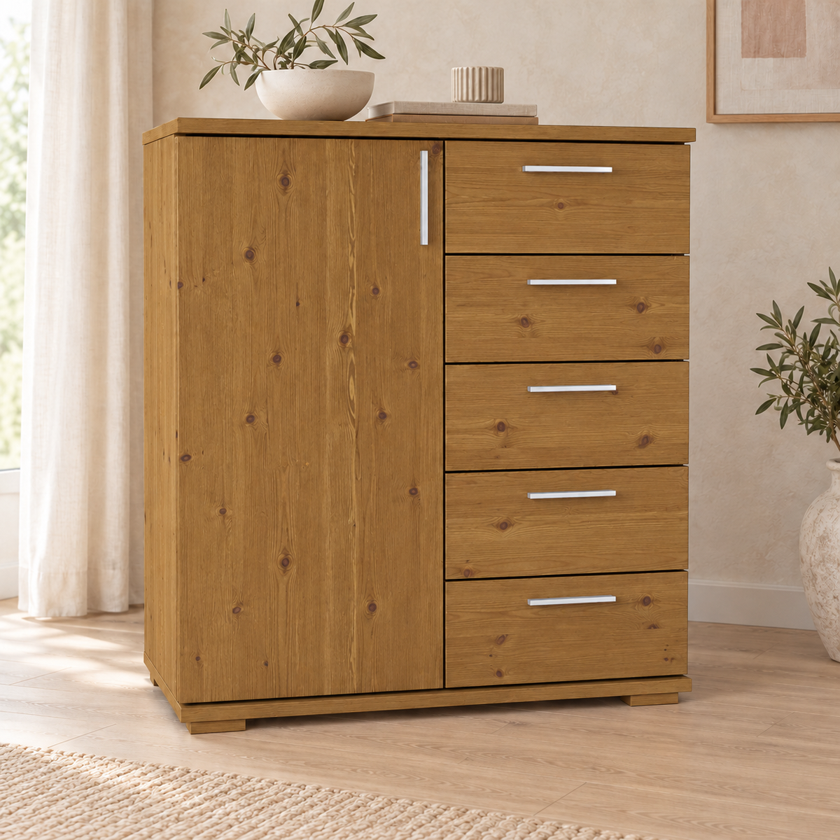 Nobis Kommode 90-er | Sideboard aus 100% Bio Kiefer Massivholz | 5-Schubladen, 1-Türig Anrichte