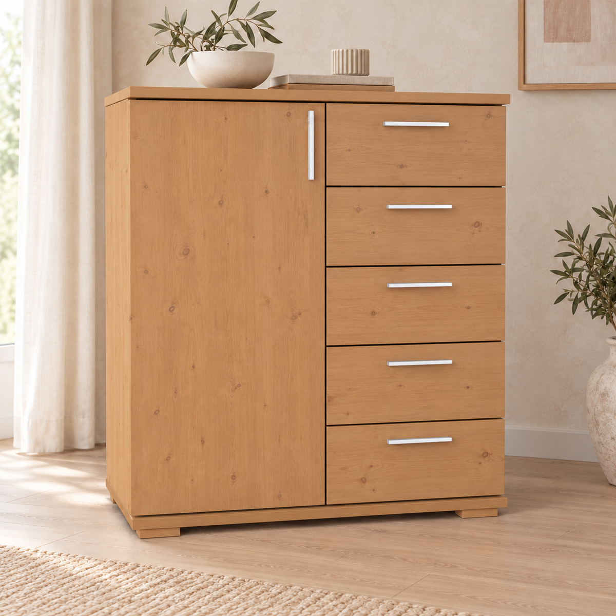 Nobis Kommode 90-er | Sideboard aus 100% Bio Kiefer Massivholz | 5-Schubladen, 1-Türig Anrichte