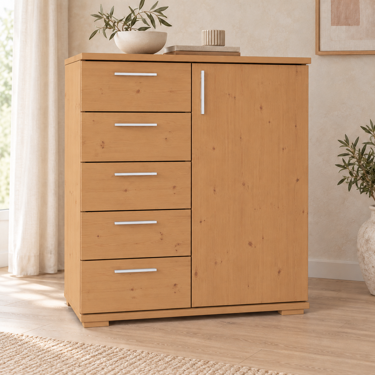 Nobis Kommode 90-er | Sideboard aus 100% Bio Kiefer Massivholz | 5-Schubladen, 1-Türig Anrichte