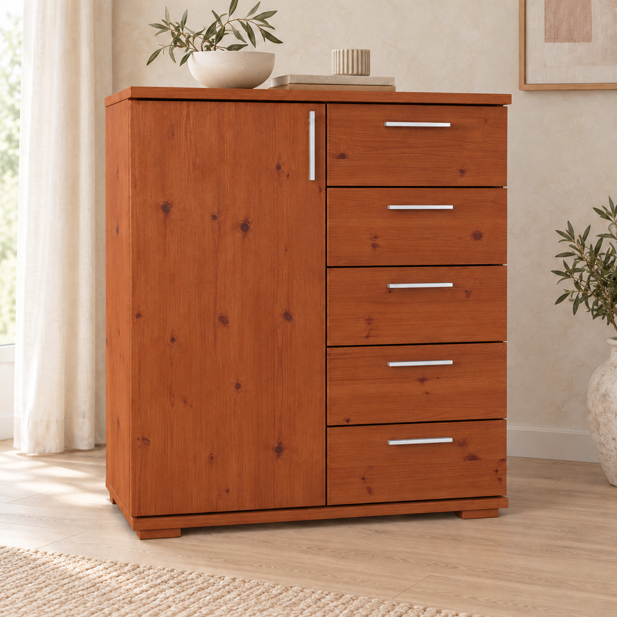 Nobis Kommode 90-er | Sideboard aus 100% Bio Kiefer Massivholz | 5-Schubladen, 1-Türig Anrichte