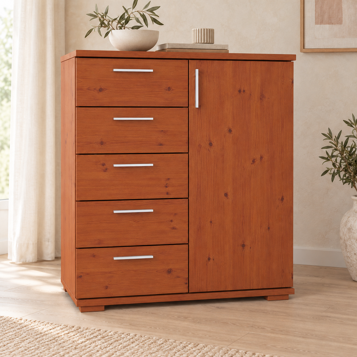 Nobis Kommode 90-er | Sideboard aus 100% Bio Kiefer Massivholz | 5-Schubladen, 1-Türig Anrichte
