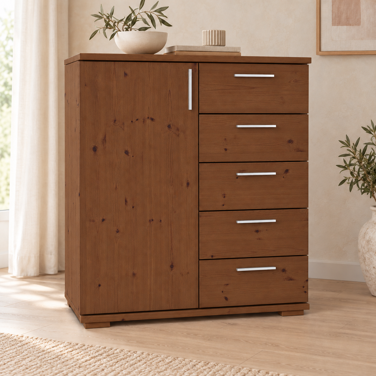 Nobis Kommode 90-er | Sideboard aus 100% Bio Kiefer Massivholz | 5-Schubladen, 1-Türig Anrichte