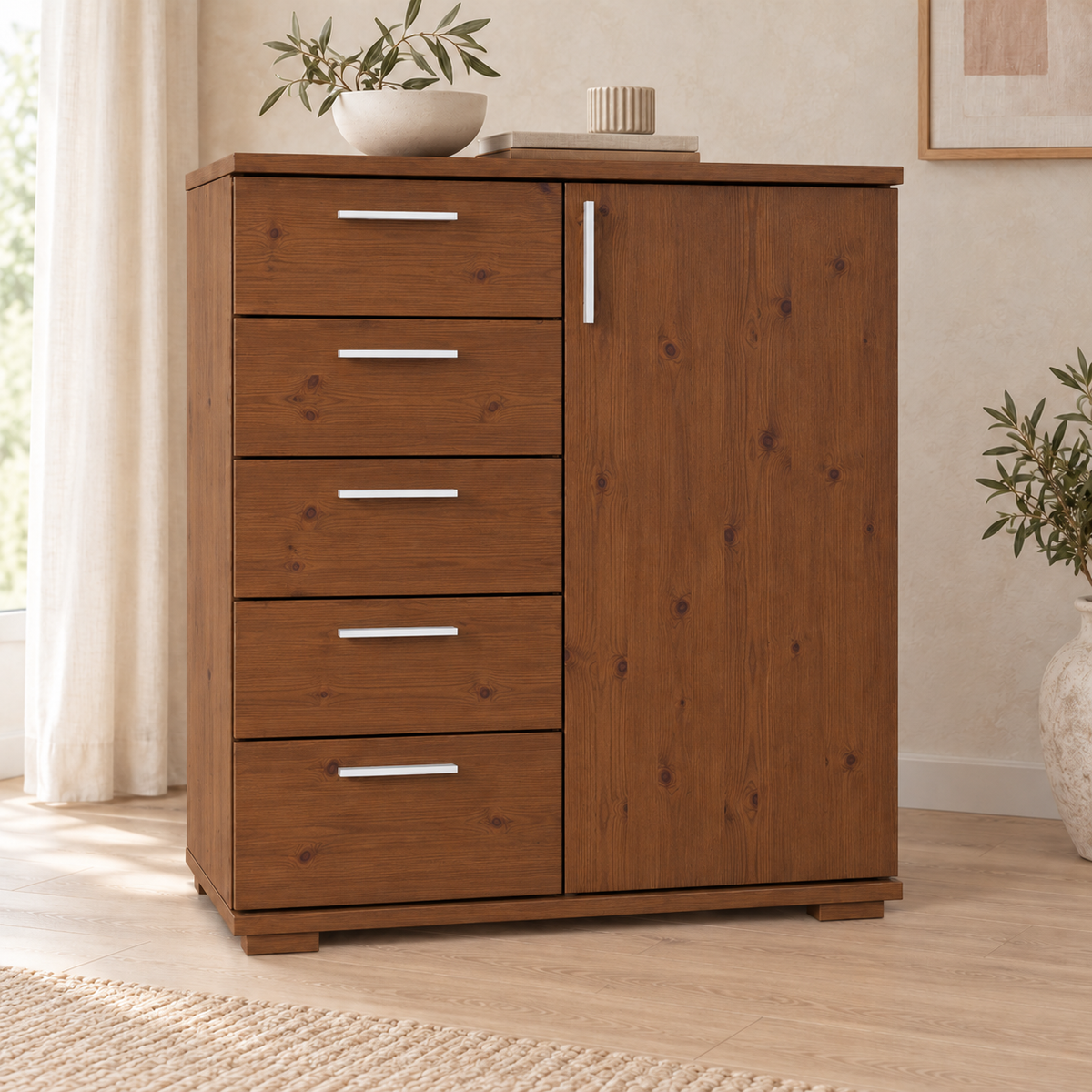 Nobis Kommode 90-er | Sideboard aus 100% Bio Kiefer Massivholz | 5-Schubladen, 1-Türig Anrichte