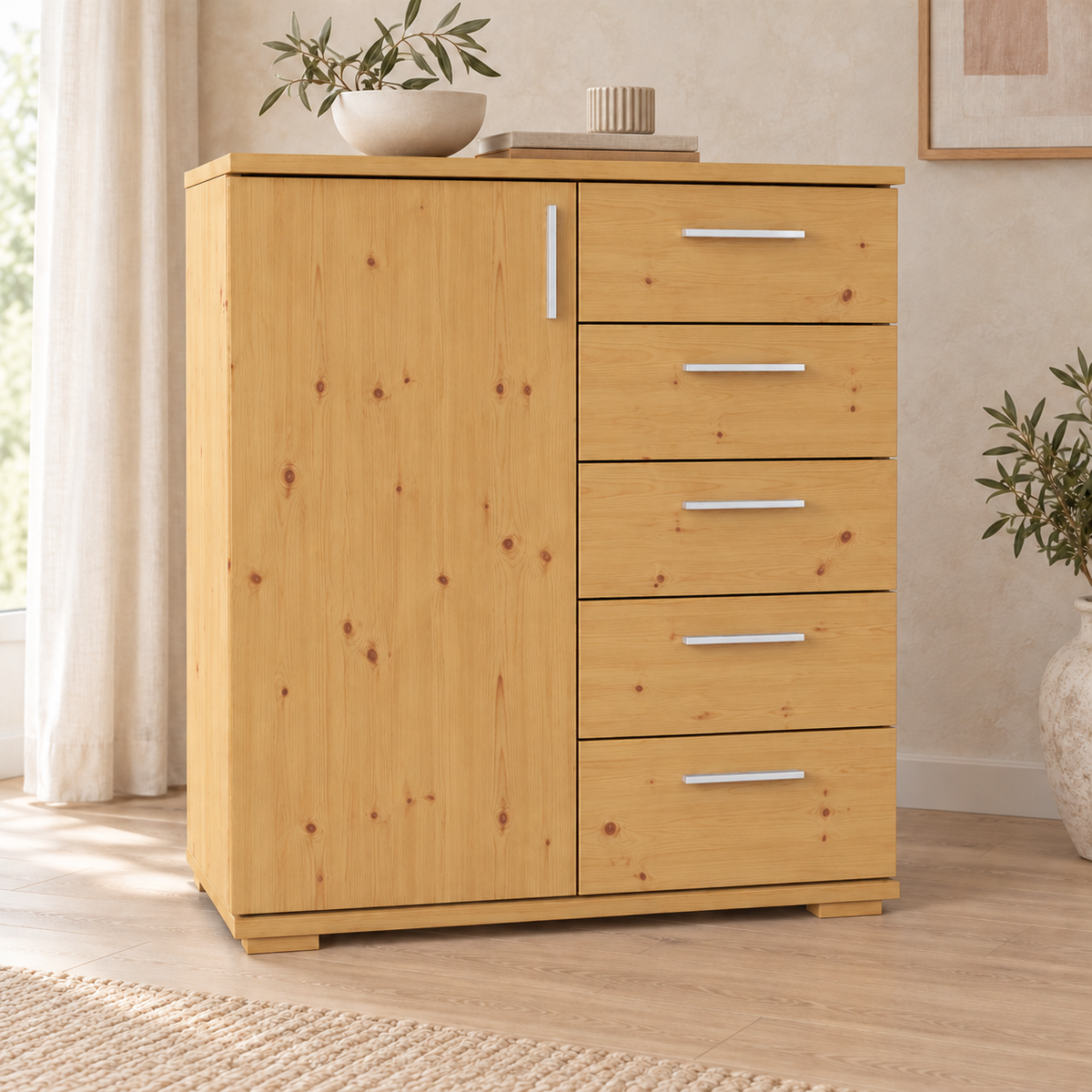 Nobis Kommode 90-er | Sideboard aus 100% Bio Kiefer Massivholz | 5-Schubladen, 1-Türig Anrichte