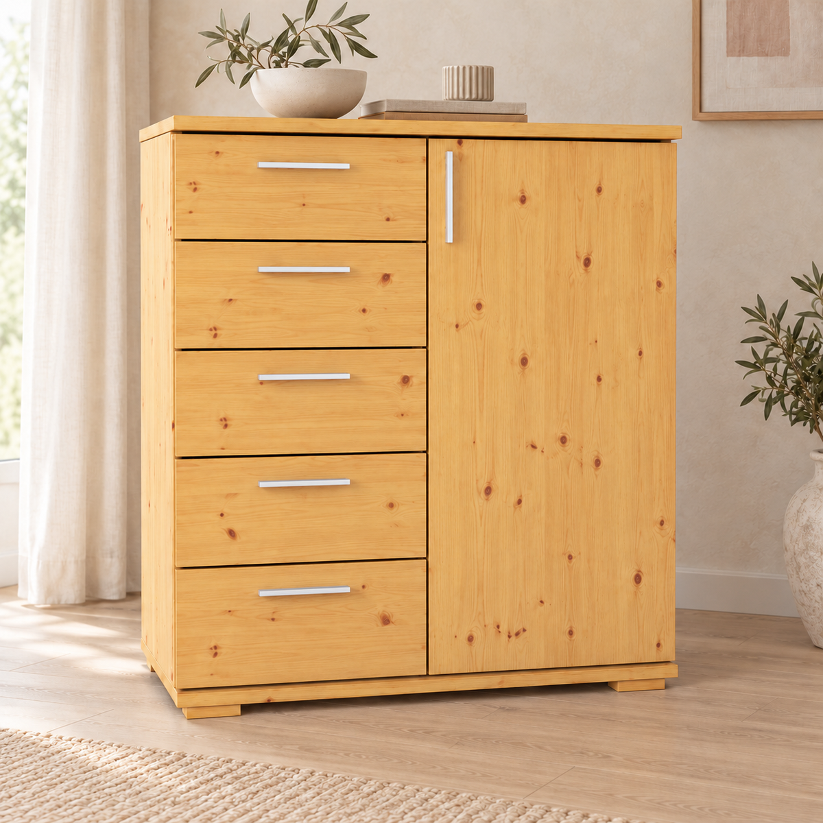 Nobis Kommode 90-er | Sideboard aus 100% Bio Kiefer Massivholz | 5-Schubladen, 1-Türig Anrichte