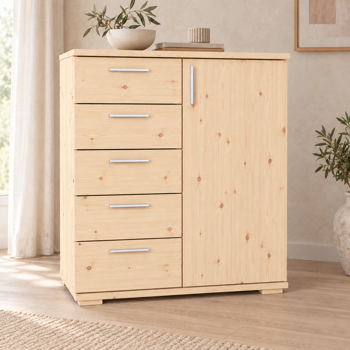 Nobis Kommode 90-er | Sideboard aus 100% Bio Kiefer Massivholz | 5-Schubladen, 1-Türig Anrichte