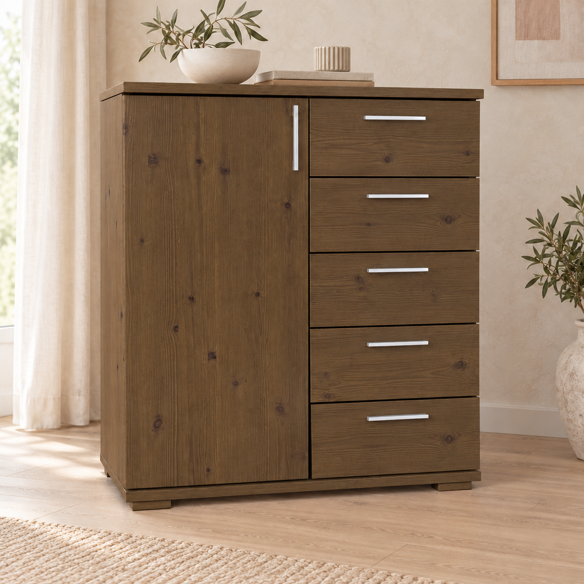 Nobis Kommode 90-er | Sideboard aus 100% Bio Kiefer Massivholz | 5-Schubladen, 1-Türig Anrichte