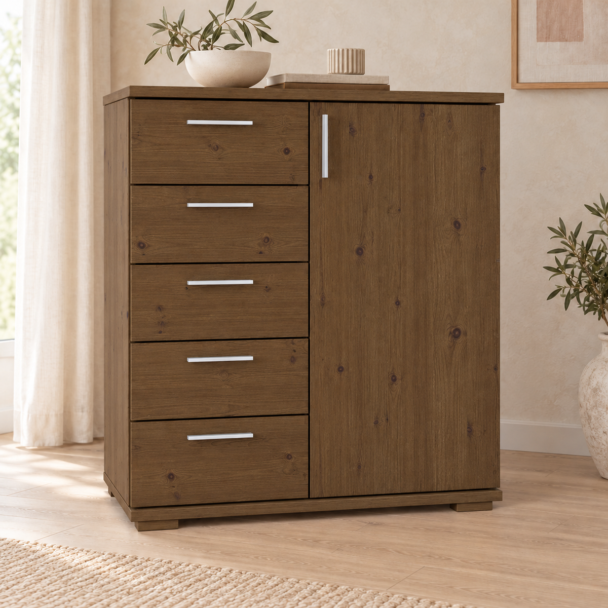 Nobis Kommode 90-er | Sideboard aus 100% Bio Kiefer Massivholz | 5-Schubladen, 1-Türig Anrichte
