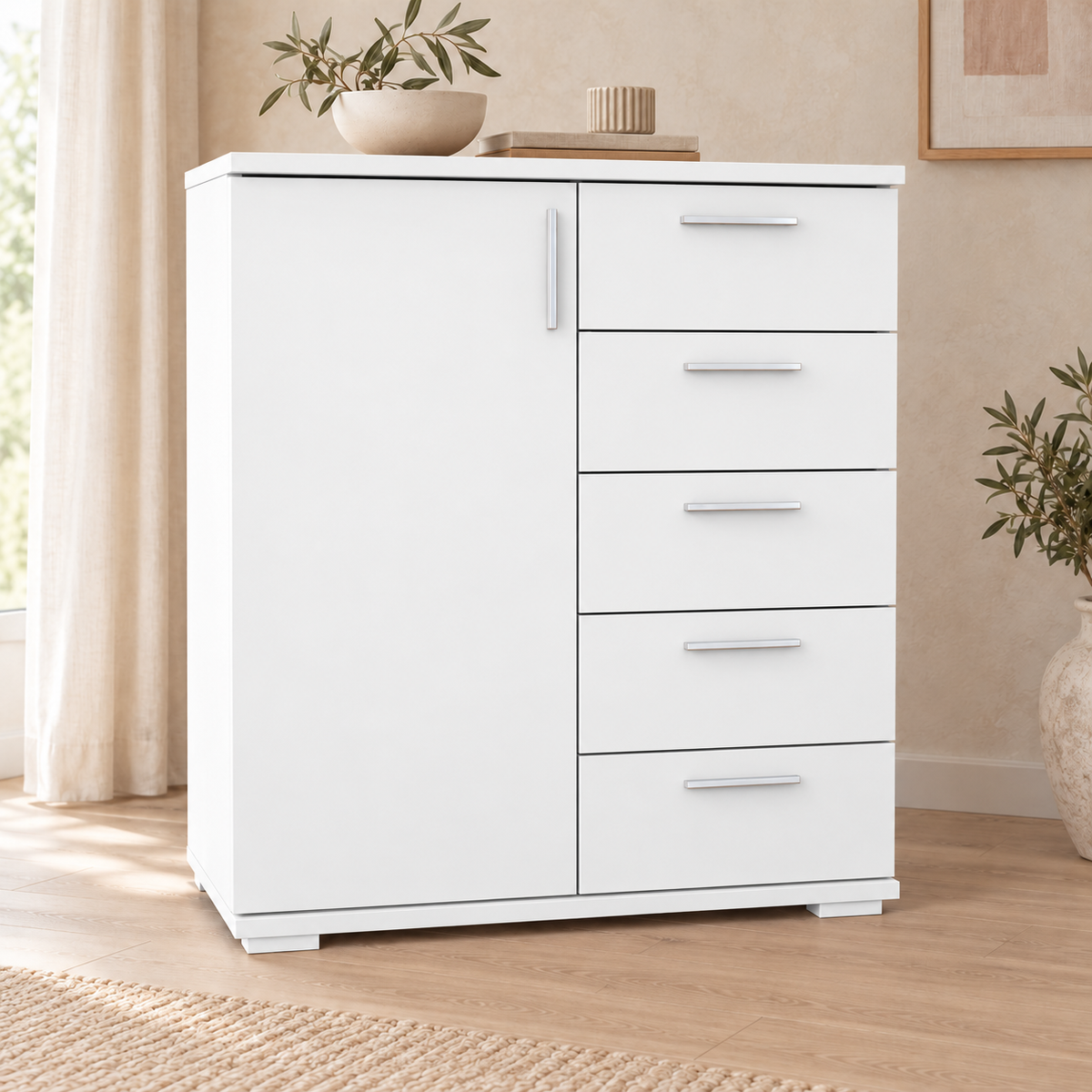 Nobis Kommode 90-er | Sideboard aus 100% Bio Kiefer Massivholz | 5-Schubladen, 1-Türig Anrichte