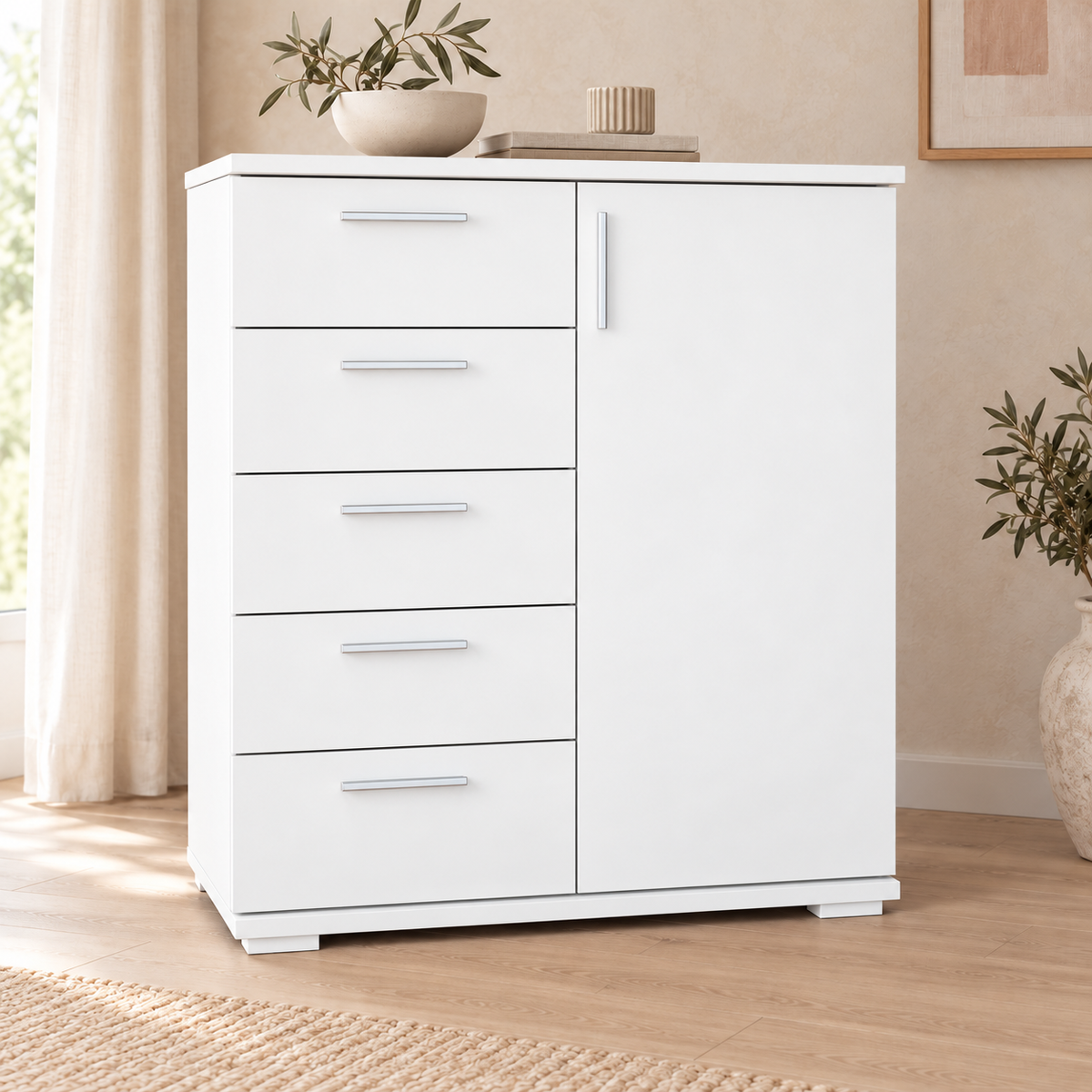 Nobis Kommode 90-er | Sideboard aus 100% Bio Kiefer Massivholz | 5-Schubladen, 1-Türig Anrichte