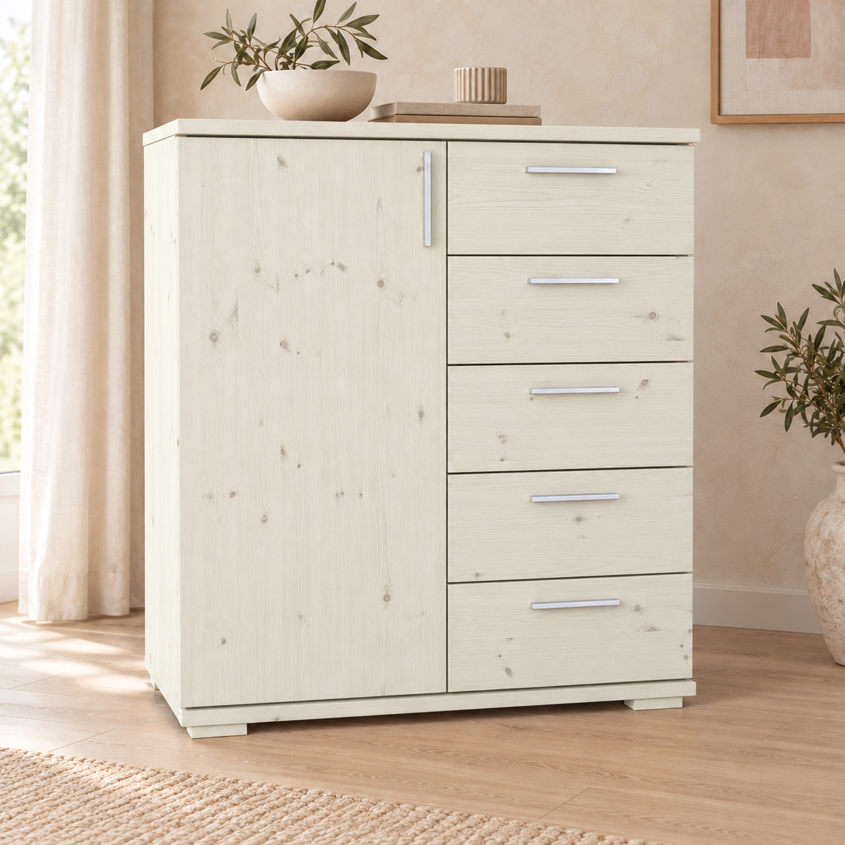 Nobis Kommode 90-er | Sideboard aus 100% Bio Kiefer Massivholz | 5-Schubladen, 1-Türig Anrichte