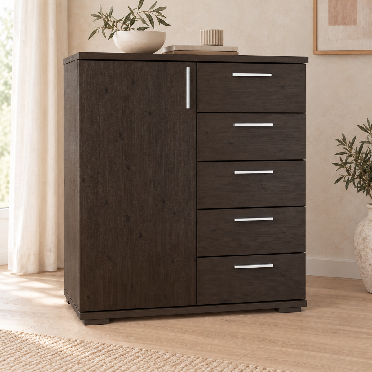 Nobis Kommode 90-er | Sideboard aus 100% Bio Kiefer Massivholz | 5-Schubladen, 1-Türig Anrichte