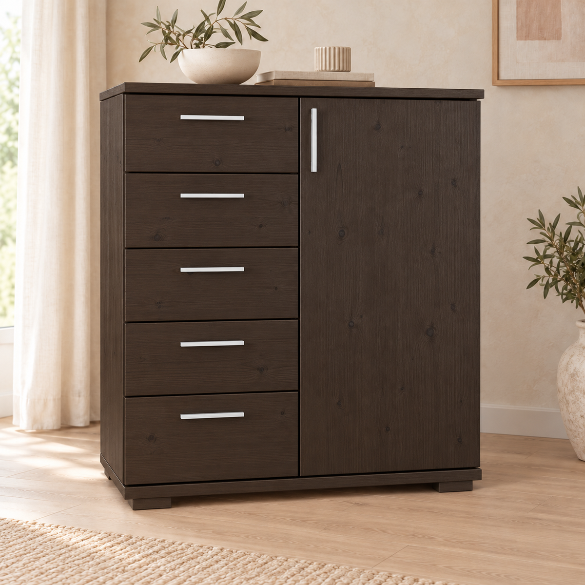 Nobis Kommode 90-er | Sideboard aus 100% Bio Kiefer Massivholz | 5-Schubladen, 1-Türig Anrichte