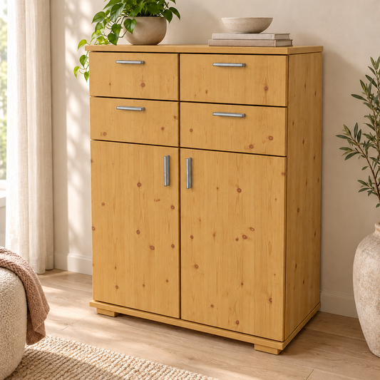 Nobis Kommode 100% Bio Kiefer | Sideboard Anrichte 107cm hoch | 4-Schubladen 2-Türig aus massivem Holz