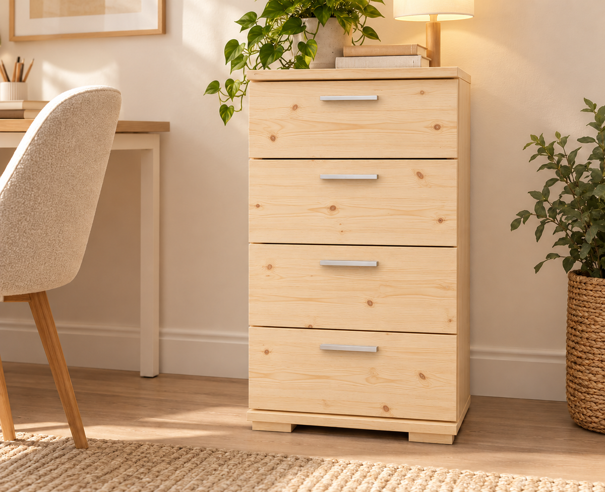 Nobis Schubladenkommode Bio Kiefer Sideboard | 4-Schubladen | 74cm hoch | 100% Massivholz