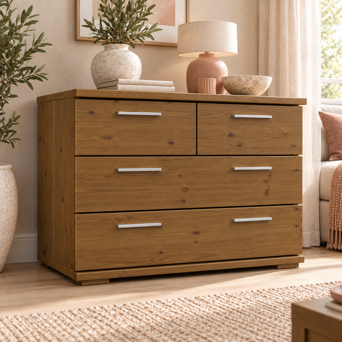 Nobis Kommode aus Bio Kiefer | Sideboard | Anrichte mit 4 Schubladen | 57 cm hoch | 100% Massivholz