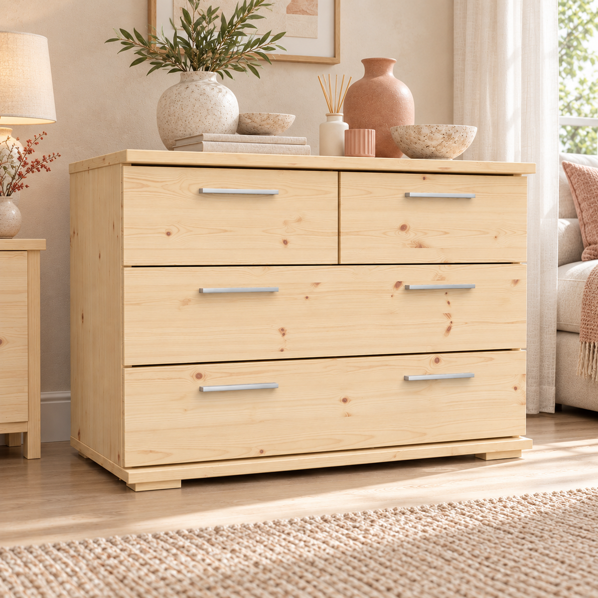 Nobis Kommode aus Bio Kiefer | Sideboard | Anrichte mit 4 Schubladen | 57 cm hoch | 100% Massivholz