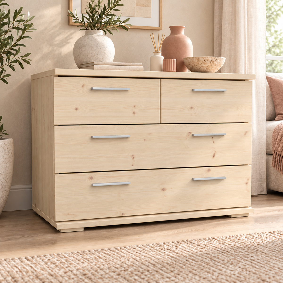 Nobis Kommode aus Bio Kiefer | Sideboard | Anrichte mit 4 Schubladen | 57 cm hoch | 100% Massivholz