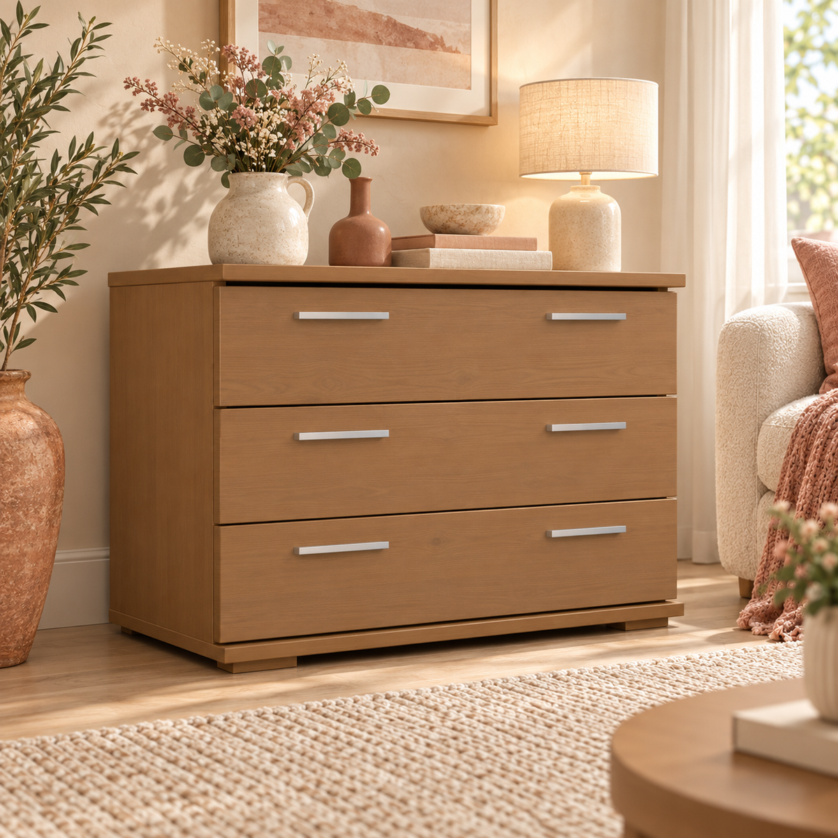 Nobis Kommode Massivholz für Wohnzimmer | Sideboard mit 3 großen Schubladen | 57cm hoch aus 100% Bio Kiefer Massivholz