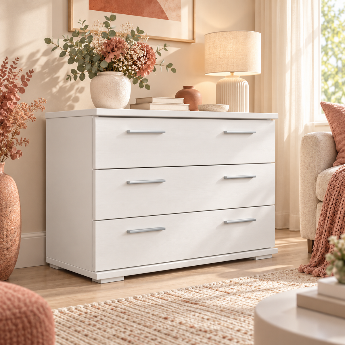Nobis Kommode Massivholz für Wohnzimmer | Sideboard mit 3 großen Schubladen | 57cm hoch aus 100% Bio Kiefer Massivholz