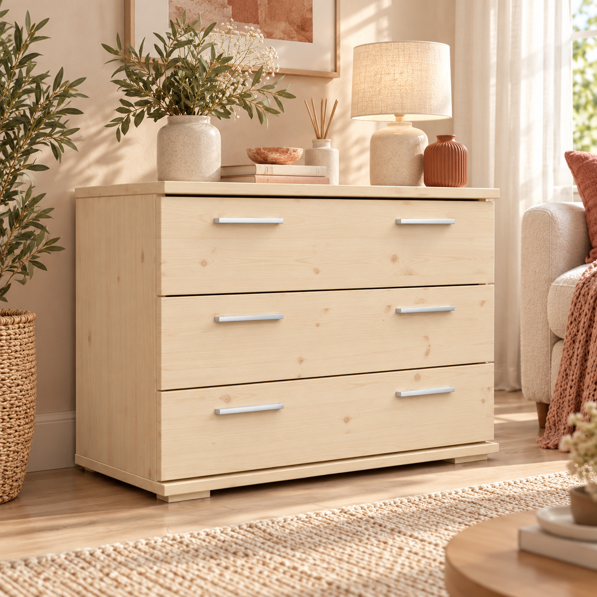 Nobis Kommode Massivholz für Wohnzimmer | Sideboard mit 3 großen Schubladen | 57cm hoch aus 100% Bio Kiefer Massivholz