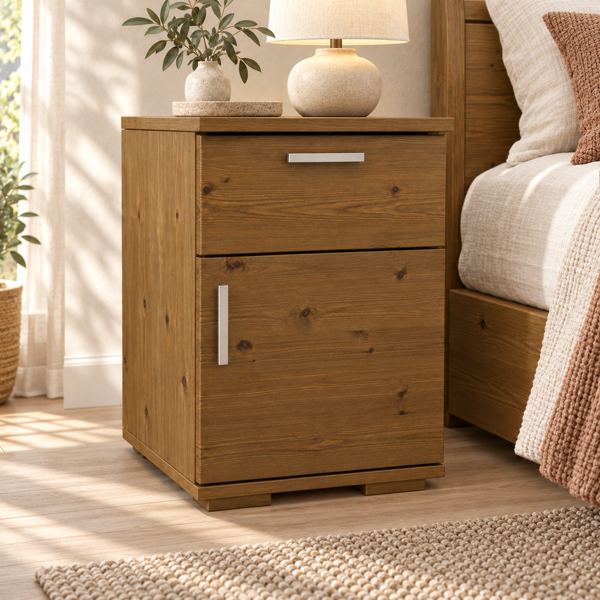 Nobis Kiefer Nachttisch | Massivholz Nachtschrank mit 1 Schublade und 1 Tür | 100% Bio Kiefer