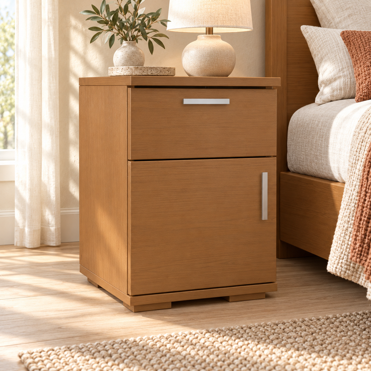 Nobis Kiefer Nachttisch | Massivholz Nachtschrank mit 1 Schublade und 1 Tür | 100% Bio Kiefer