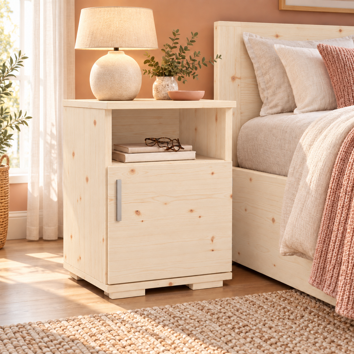 Nobis Kiefer Nachttisch 100% Bio | Massivholz Nachtschrank mit 1 Tür und 1 Regal