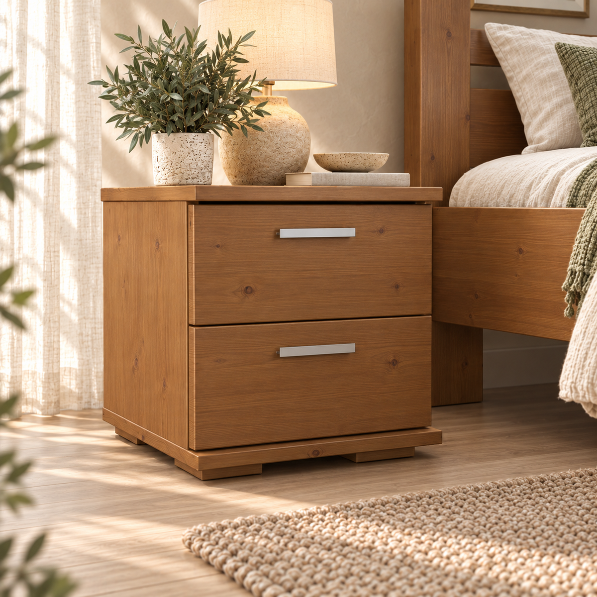 Nobis Kiefer Massivholz Nachttisch | 2-Schubladen Nachtschrank aus 100% Bio Kiefer