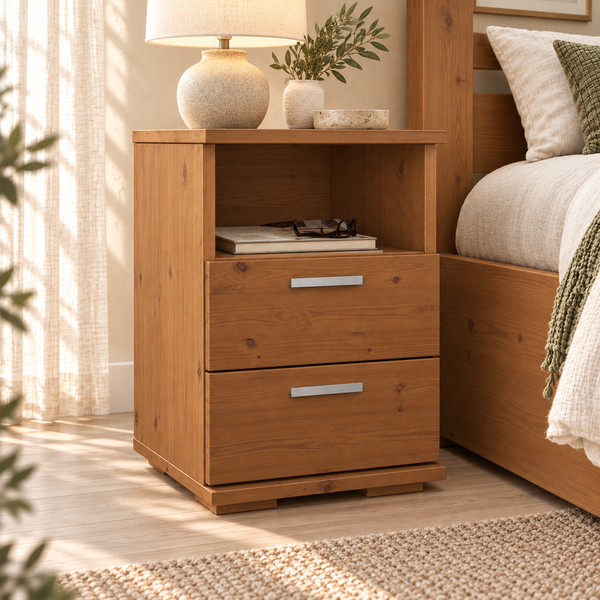 Nobis Nachttisch Kiefer massiv | 2-Schubladen Nachtschrank mit Regal | 100% Bio Kiefer