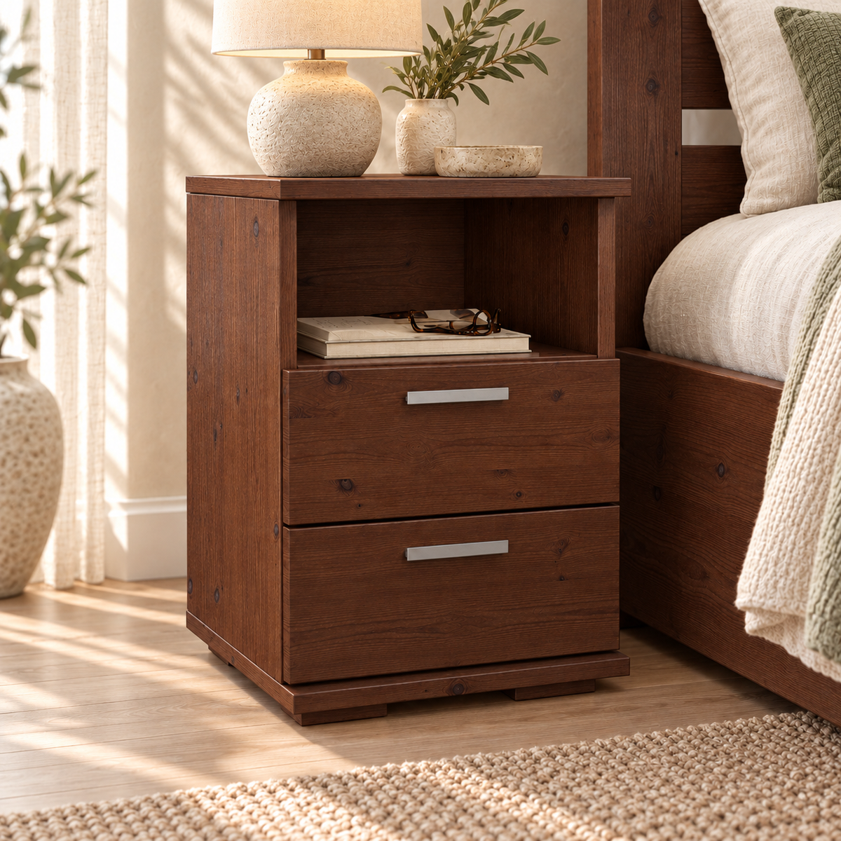 Nobis Nachttisch Kiefer massiv | 2-Schubladen Nachtschrank mit Regal | 100% Bio Kiefer
