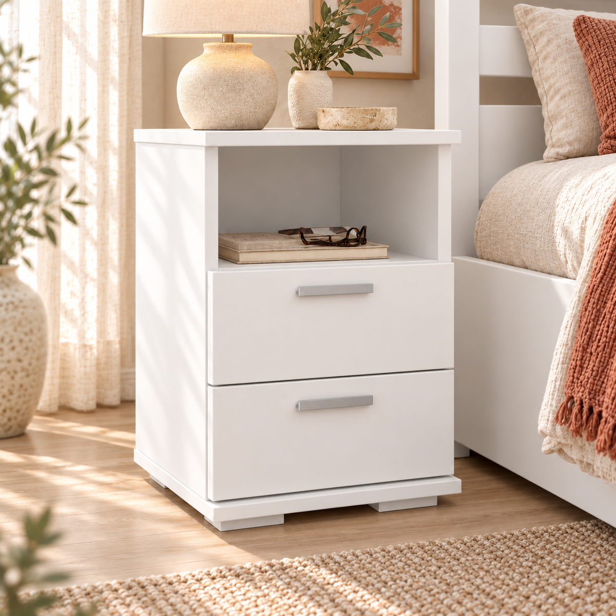 Nobis Nachttisch Kiefer massiv | 2-Schubladen Nachtschrank mit Regal | 100% Bio Kiefer